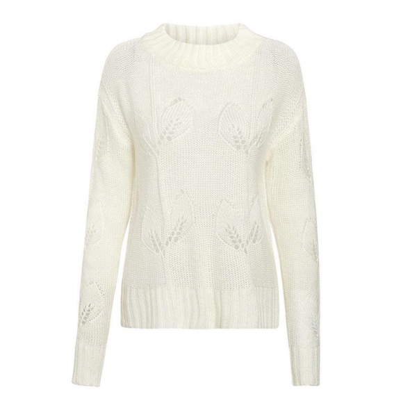 Eyelet Leaves Knit White Pullover Sweater - Picture 6 of 8